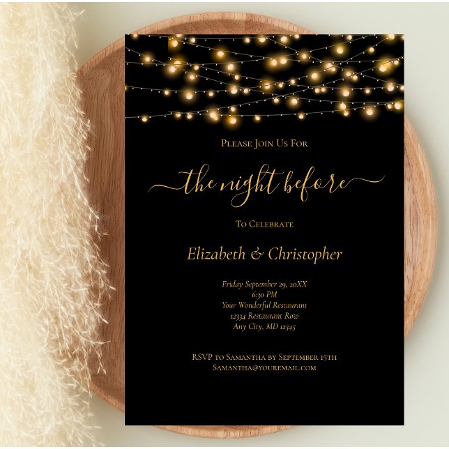 Convite Jantar de Ensaios da Véspera de Luzes Douradas (Black Gold Lights Wedding Rehearsal Dinner Invitation. Printed or Digital)