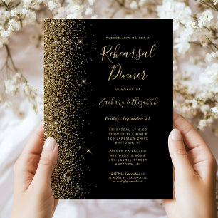 Convite Jantar de Ensaios de Casamento Black Gold Glitter