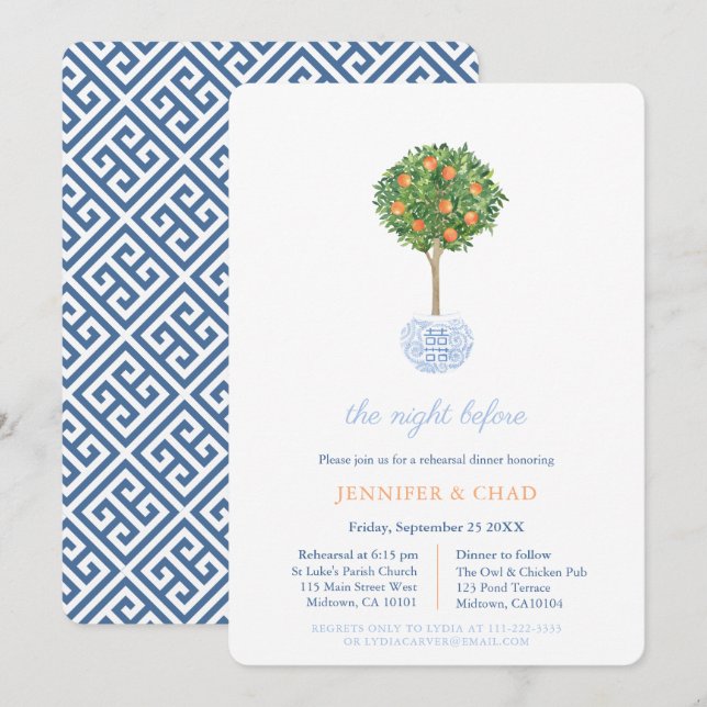 Convite Jantar de Ensaios de Casamento Clássico Azul e Lar (Frente/Verso)