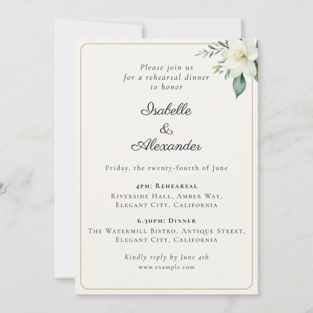 Convite Jantar de Ensaios de Casamento Clássico com Elegan (Frente)