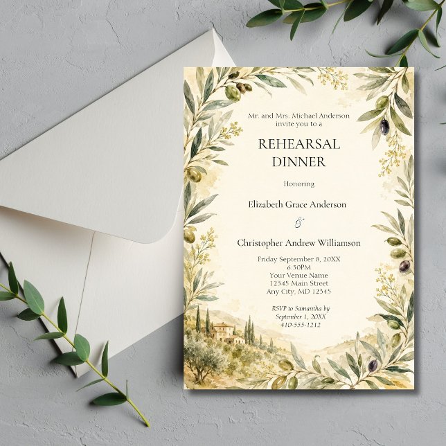 Convite Jantar de Ensaios de Casamento com Azeite Toscano  (Olive Tuscany Italian Mediterranean Wedding Rehearsal Sage green invitation)