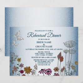 Convite Jantar de Ensaios de Casamento com Brilho Azul Flo
