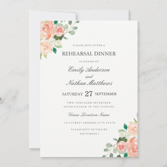 Convite Jantar de Ensaios de Casamento com Flor de Água em (Frente)
