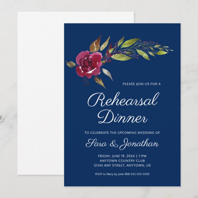 Convite Jantar de Ensaios de Casamento com Flores Borgonha (Frente/Verso)
