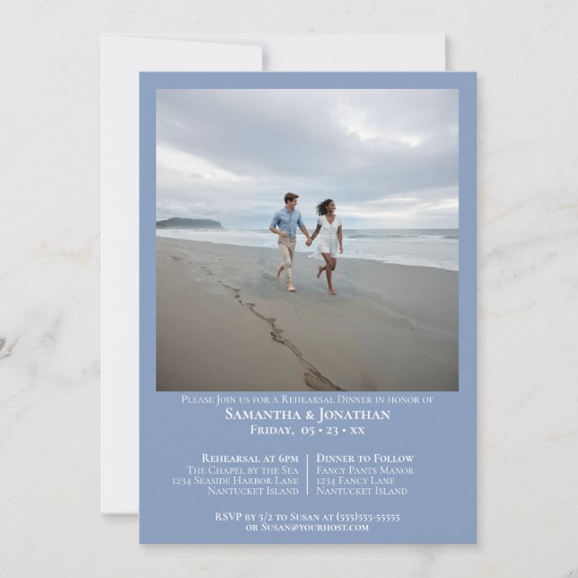 Convite Jantar de Ensaios de Casamento com Foto Azul Claro (Frente)