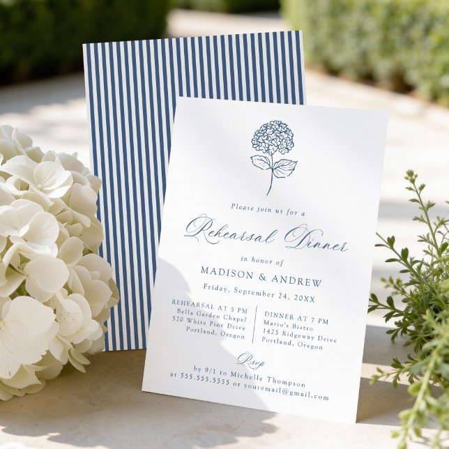 Convite Jantar de Ensaios de Casamento com Hortênsias Navy (Criador carregado)