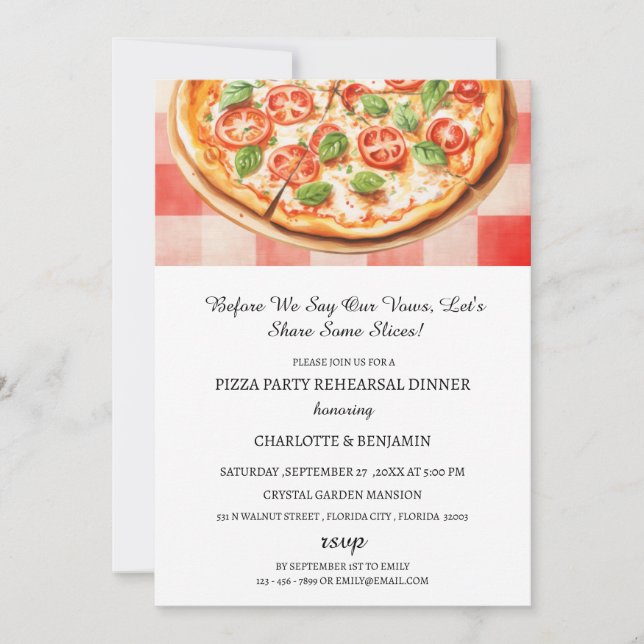Convite Jantar de Ensaios de Casamento com Pizza Rústica e (Frente)