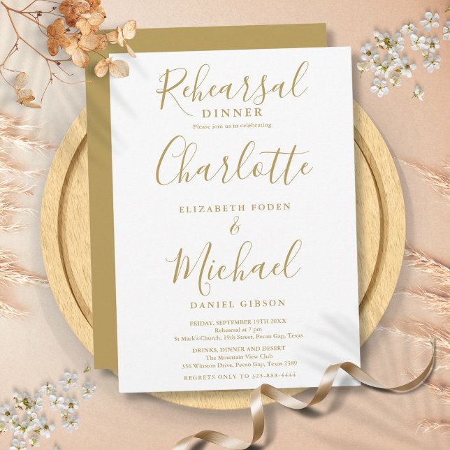 Convite Jantar de Ensaios de Casamento com Script de Assin (Gold Signature Script Wedding Rehearsal Dinner Invitation)