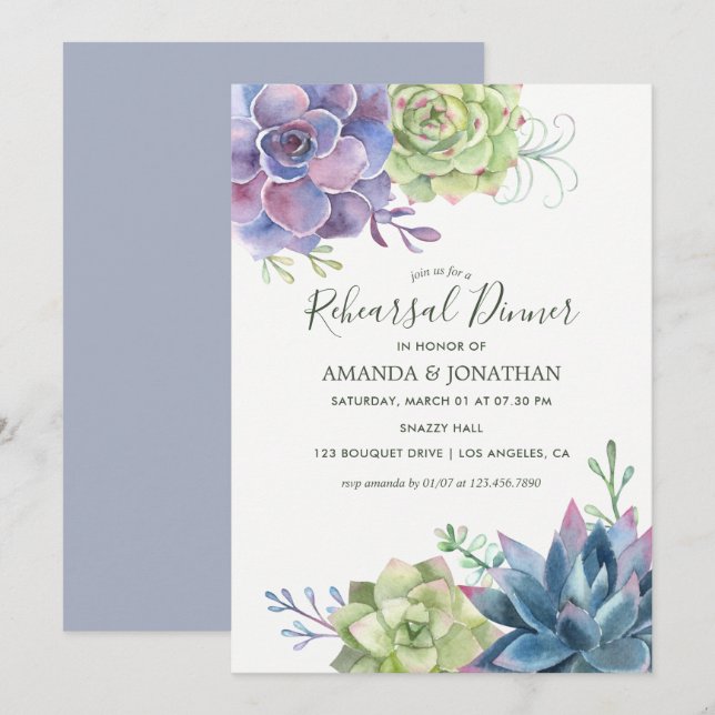Convite Jantar de Ensaios de Casamento com Suculentas em A (Frente/Verso)