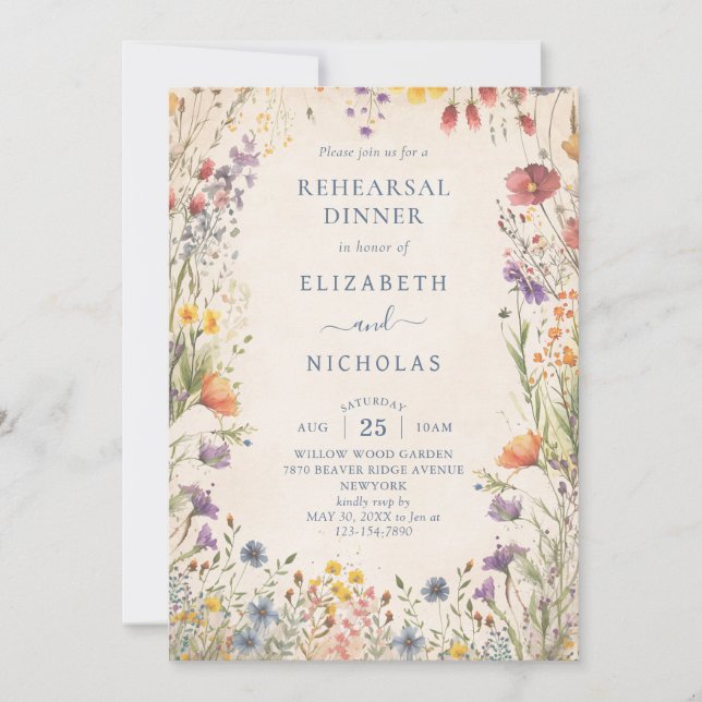 Convite Jantar de Ensaios de Casamento de Flores Silvestre (Frente)