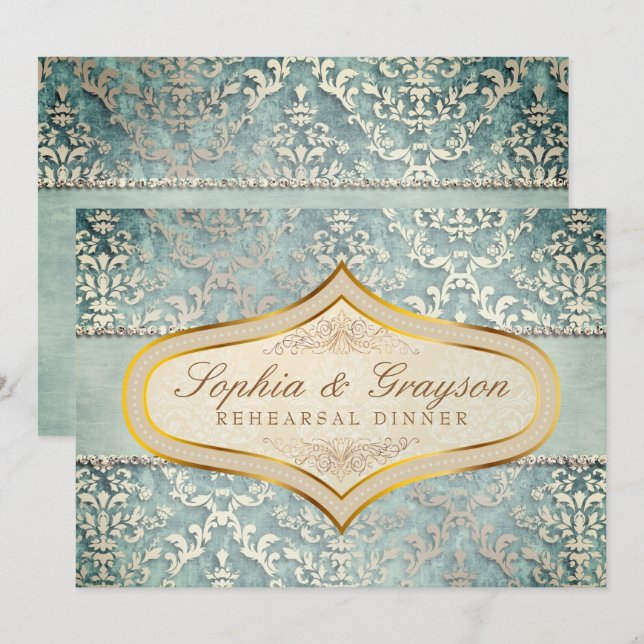 Convite Jantar de Ensaios de Casamento em Damasko com Bril (Frente/Verso)
