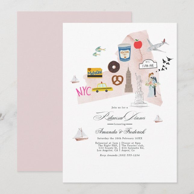 Convite Jantar de Ensaios de Casamento em Nova York (Frente/Verso)