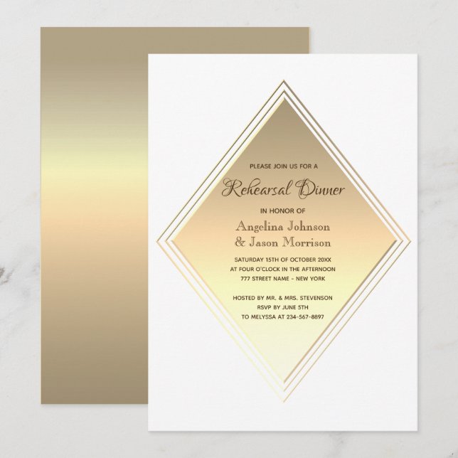 Convite Jantar de Ensaios de Casamento em Ouro Moderno (Frente/Verso)