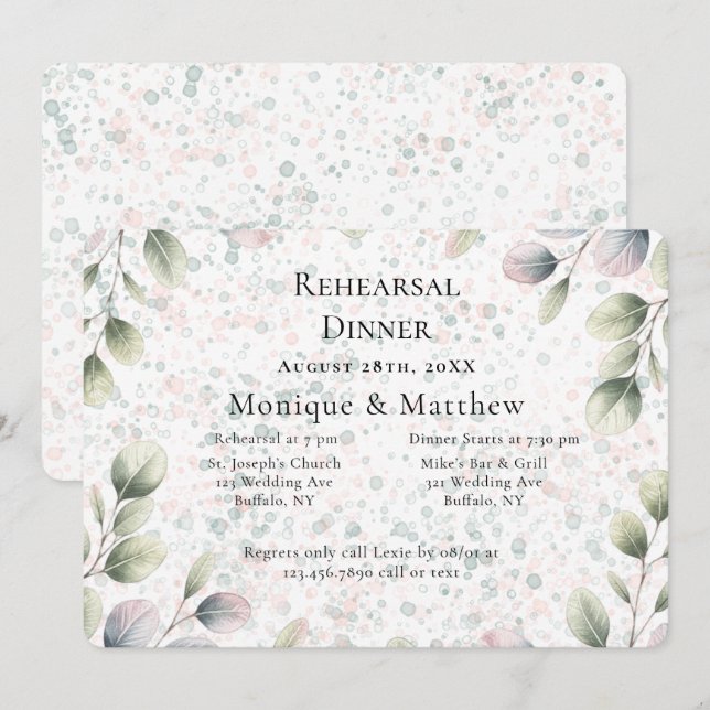 Convite Jantar de Ensaios de Casamento Eucalyptus Pink Blu (Frente/Verso)