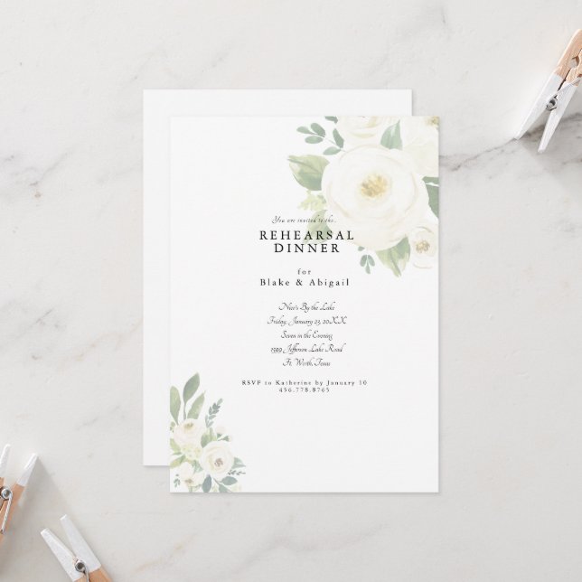 Convite Jantar de Ensaios de Casamento Floral Branco (Frente/Verso In Situ)