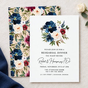 Convite Jantar de Ensaios de Casamento Floral Burgundy Mar