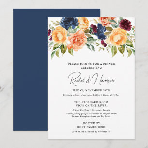 Convite Jantar de Ensaios de Casamento Floral Outonal Azul