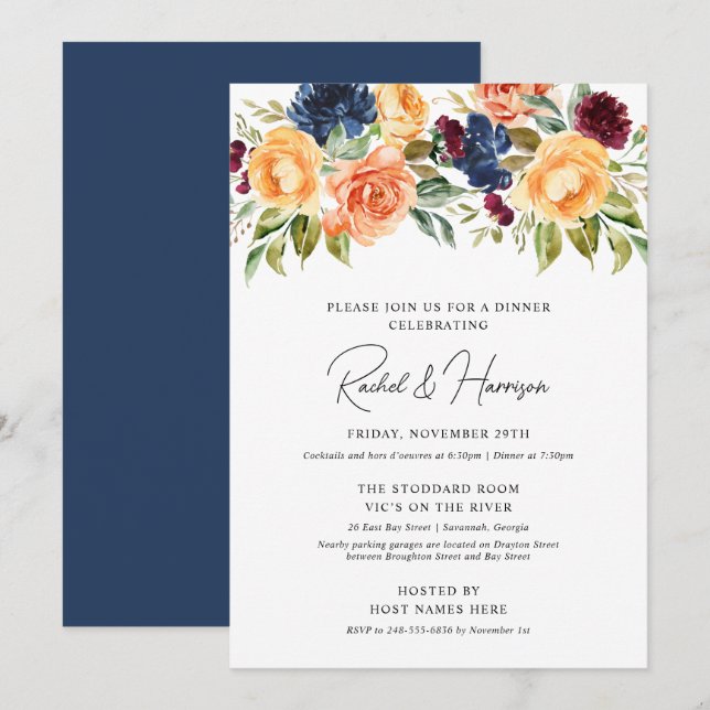 Convite Jantar de Ensaios de Casamento Floral Outonal Azul (Frente/Verso)