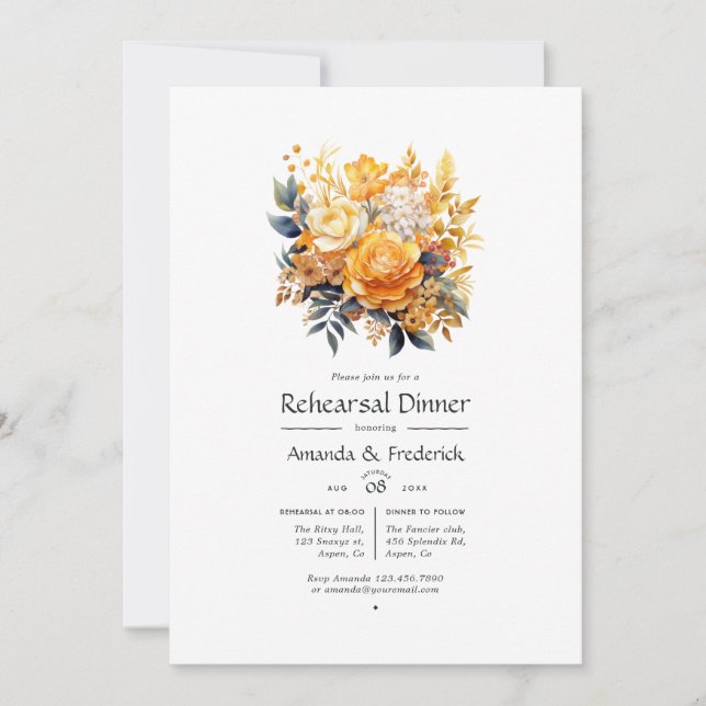 Convite Jantar de Ensaios de Casamento Floral Relógio de S (Frente)