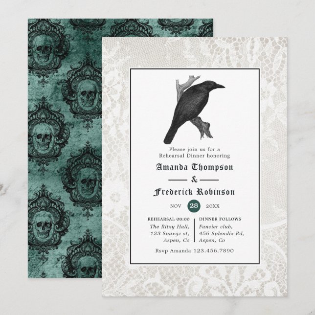 Convite Jantar de Ensaios de Casamento Gótico Crânio e Ren (Frente/Verso)