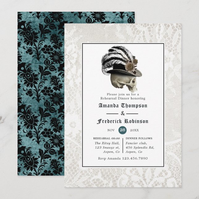 Convite Jantar de Ensaios de Casamento Gótico de Damasco e (Frente/Verso)