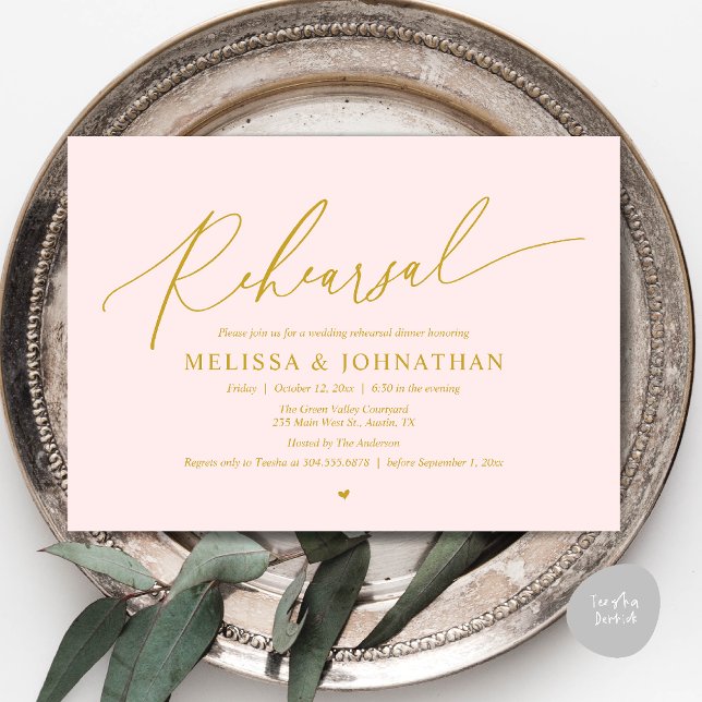 Convite Jantar de Ensaios de Casamento Íntimo Romântico Mo (Modern Romantic Intimate Wedding Rehearsal Dinner Invitation Card in Gold Blush)