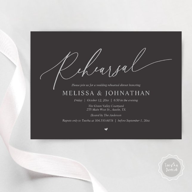 Convite Jantar de Ensaios de Casamento Íntimo Romântico Mo (Modern Romantic Intimate Wedding Rehearsal Dinner Invitation Card in Charcoal SIlver)