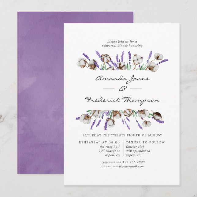 Convite Jantar de Ensaios de Casamento Lavanda e Algodão (Frente/Verso)