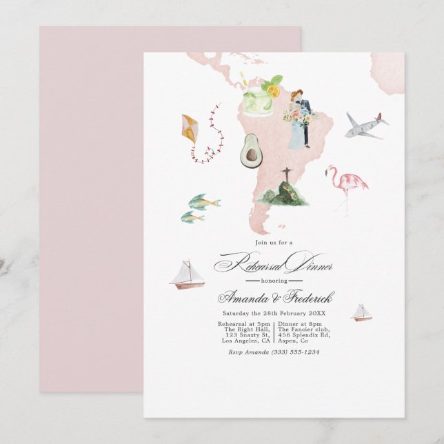 Convite Jantar de Ensaios de Casamento no Destino na Améri (Frente/Verso)