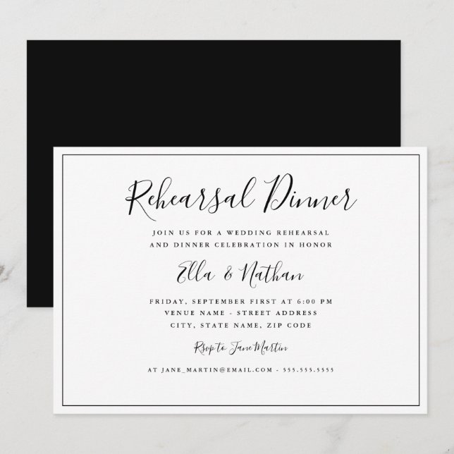 Convite Jantar de Ensaios de Casamento Preto e Branco Clás (Frente/Verso)