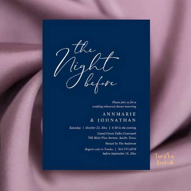 Convite Jantar de Ensaios de Casamento Romântico da Noite  (The Night Before Romantic Wedding Rehearsal Dinner Invitation Card in Navy Blue)