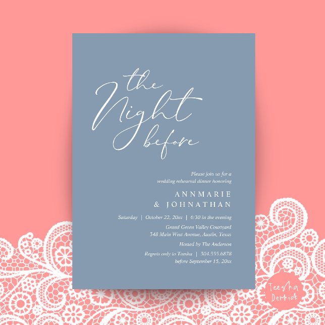 Convite Jantar de Ensaios de Casamento Romântico da Noite  (The Night Before Romantic Wedding Rehearsal Dinner Invitation Card in Dusty Blue)