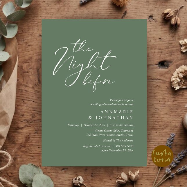 Convite Jantar de Ensaios de Casamento Romântico da Noite  (The Night Before Romantic Wedding Rehearsal Dinner Invitation Card in Sage Green)