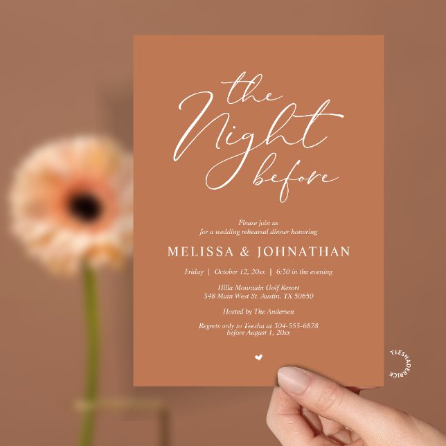 Convite Jantar de Ensaios de Casamento Romântico da Noite  (The Night Before Romantic Wedding Rehearsal Dinner Invitation card in Terracotta Brown)