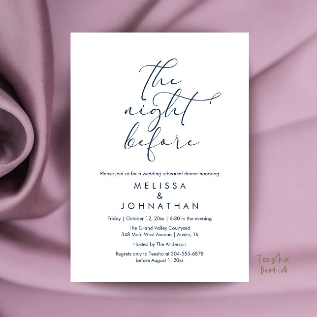 Convite Jantar de Ensaios de Casamento Romântico na Noite  (Romantic Wedding Rehearsal Dinner The Night Before Invitation Card in Navy Blue)