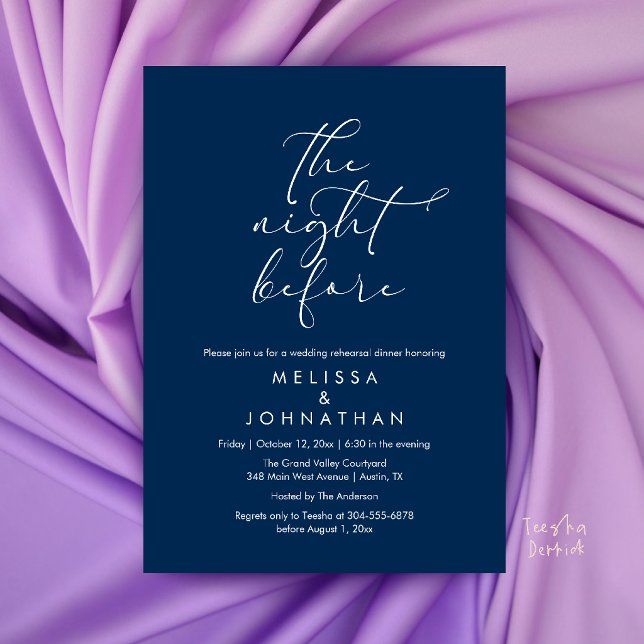 Convite Jantar de Ensaios de Casamento Romântico na Noite  (Romantic Wedding Rehearsal Dinner The Night Before Invitation Card in Navy Blue)