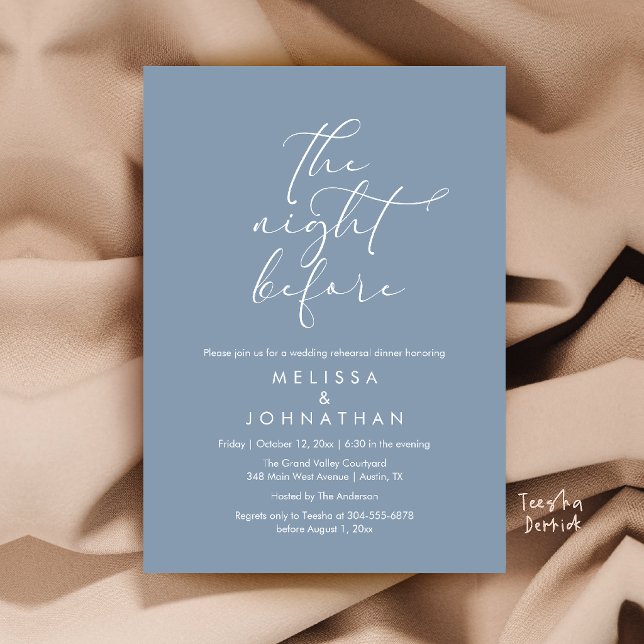 Convite Jantar de Ensaios de Casamento Romântico na Noite  (Romantic Wedding Rehearsal Dinner The Night Before Invitation Card in Dusty Blue)