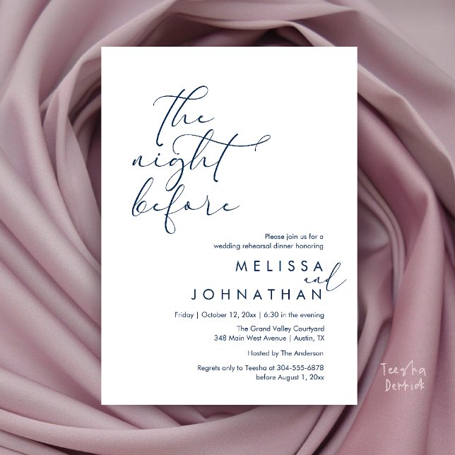 Convite Jantar de Ensaios de Casamento Romântico na Noite  (Romantic Wedding Rehearsal Dinner The Night Before Invitation Card in Navy Blue)