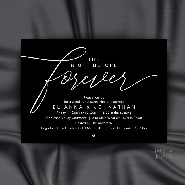 Convite Jantar de Ensaios de Casamento, Roteiro Moderno e  (The Night Before Forever, Wedding Rehearsal Dinner, Modern Elegant Invites Card in Black and White)