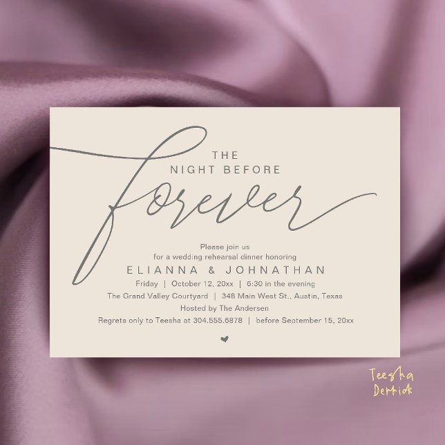 Convite Jantar de Ensaios de Casamento, Roteiro Moderno e  (The Night Before Forever, Wedding Rehearsal Dinner, Modern Elegant Invites Card in Cream Grey)