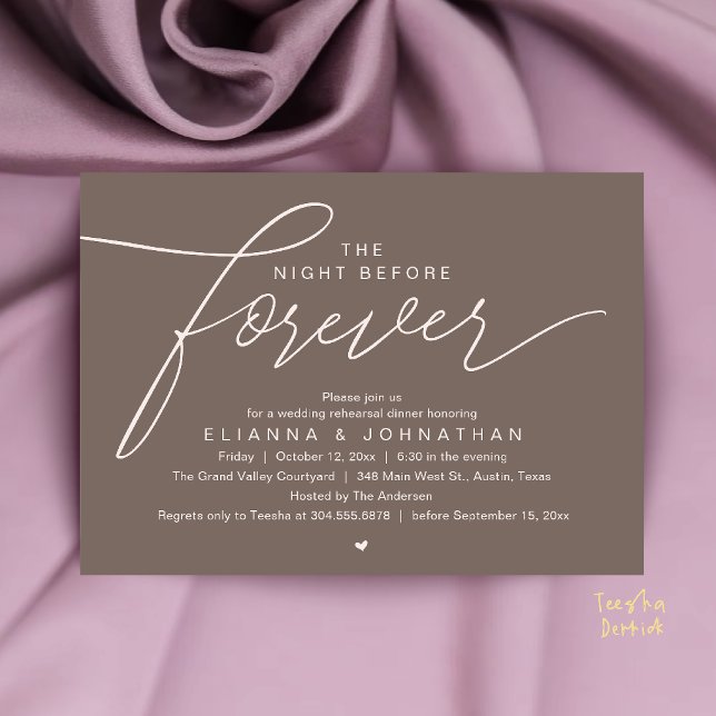 Convite Jantar de Ensaios de Casamento, Roteiro Moderno e  (The Night Before Forever, Wedding Rehearsal Dinner, Modern Elegant Invites Card in Taupe Blush)
