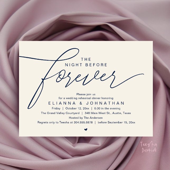 Convite Jantar de Ensaios de Casamento, Roteiro Moderno e  (The Night Before Forever, Wedding Rehearsal Dinner, Modern Elegant Invites Card in Navy Blue Ivory)