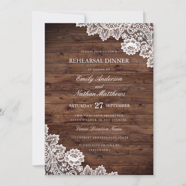 Convite Jantar de Ensaios de Casamento Rústico em Madeira  (Frente)