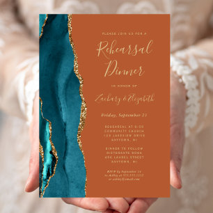 Convite Jantar de Ensaios de Casamento Teal Gold Ágata Fer