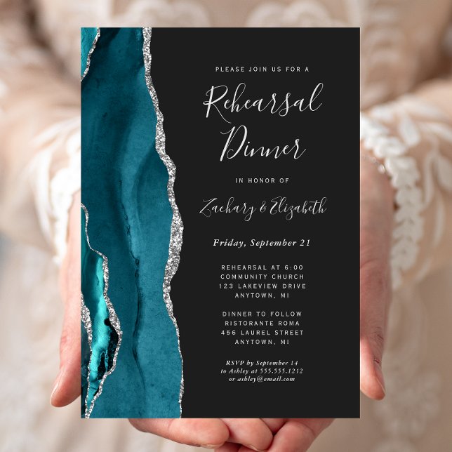 Convite Jantar de Ensaios de Casamento Teal Silver Agate D (Criador carregado)
