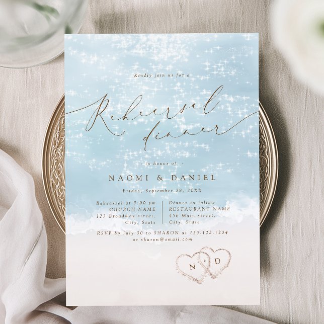 Convite Jantar de Ensaios de Coração de Areia de Roteiro M (Modern Script Sand Hearts Beach Rehearsal Dinner Invitation)