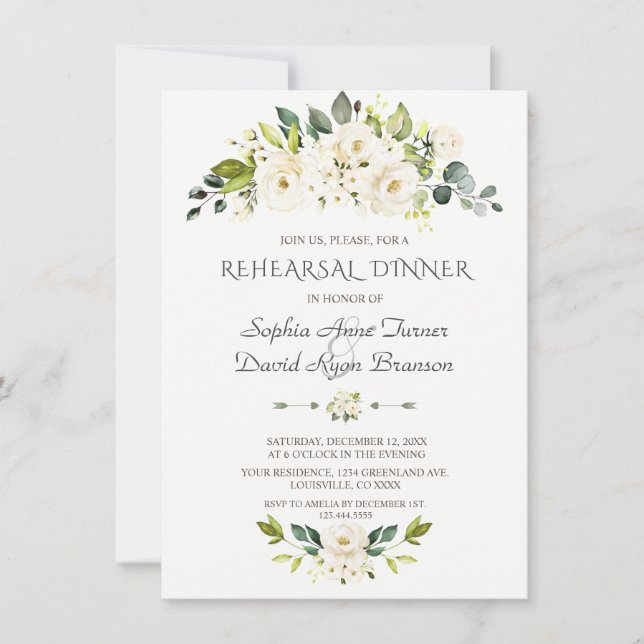 Convite Jantar de Ensaios de Flores Brancas Aquarela Doura (Frente)