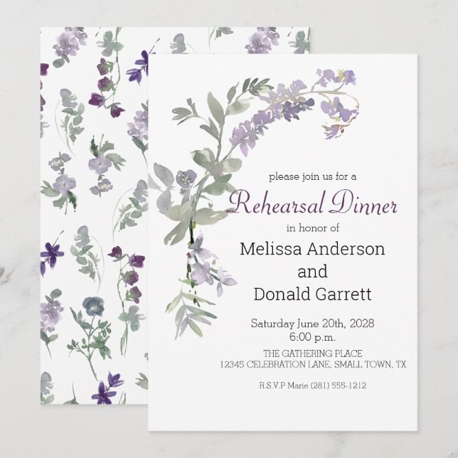 Convite Jantar de Ensaios de Flores Silvestres de Aquarela (Frente/Verso)