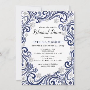 Convite Jantar de Ensaios de Inverno Navy Prata Flocos de