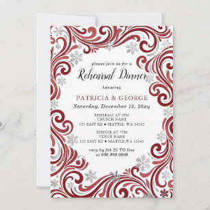 Convite Jantar de Ensaios de Inverno Vermelho Prata Flocos